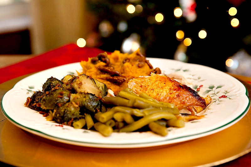 Our Christmas dinner of brussels sprouts, sweet potatoes, green beans, and chicken