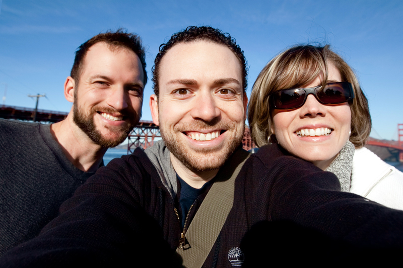 Matt Browne, Erin Browne, and Jason Mejia in front of the Golden Gate Bridge