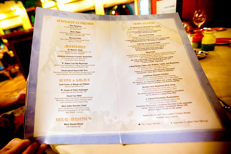 Dinner menu at Parrot Cay