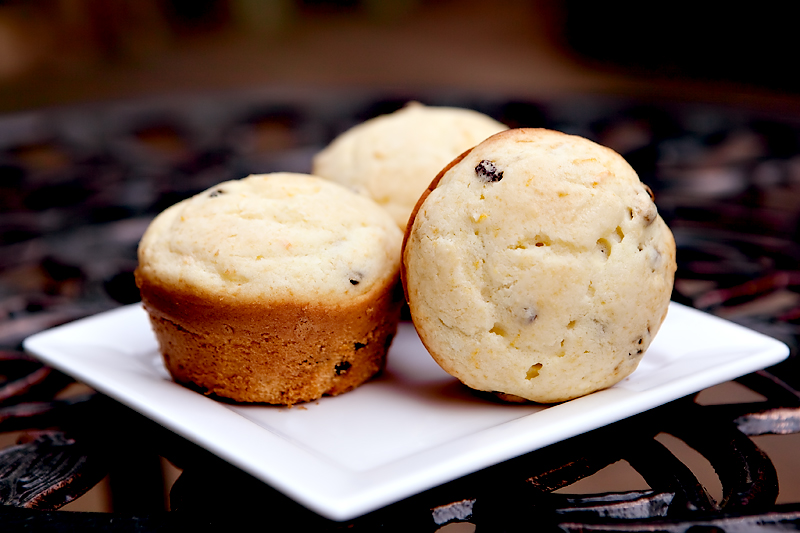 Muffins made with orange zest, currants, and sour cream.