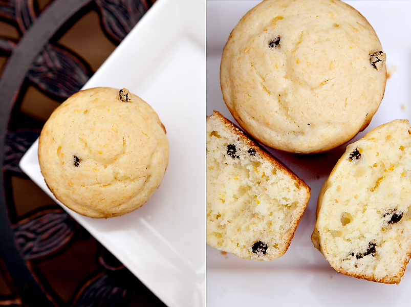 Muffins made with orange zest, currants, and sour cream.