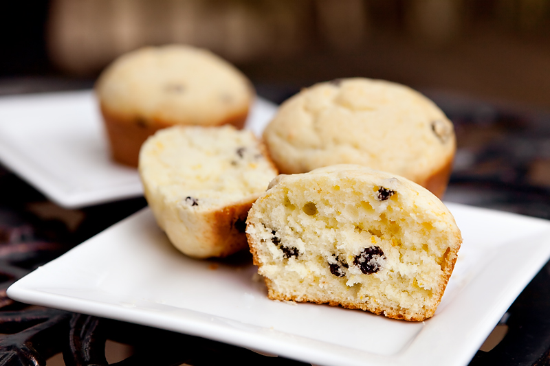 Muffins made with orange zest, currants, and sour cream.