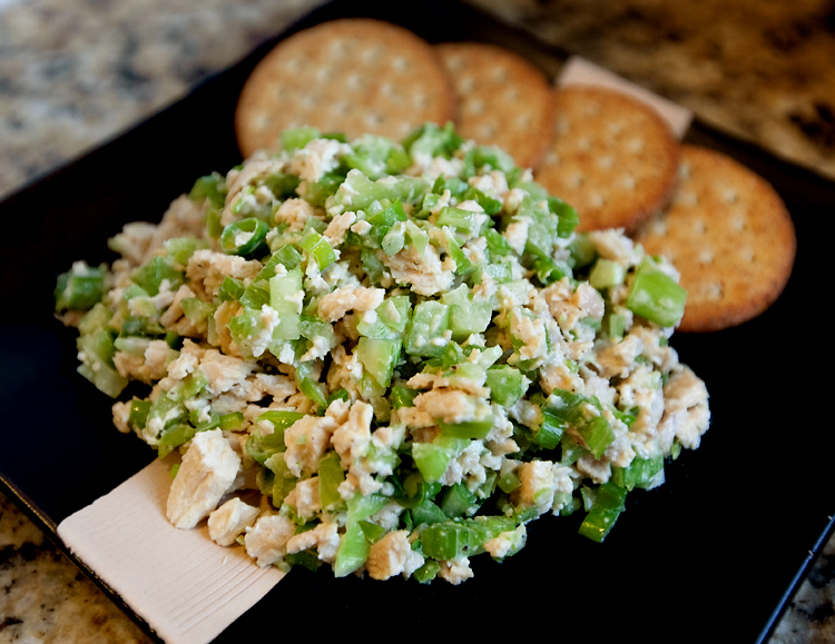 Chicken salad with celery, green onion, and dill.