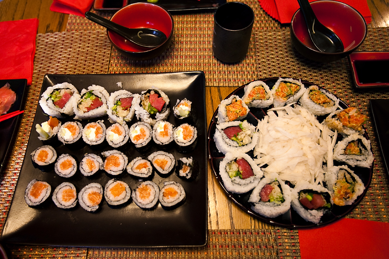 Homemade Sushi rolls displayed on table