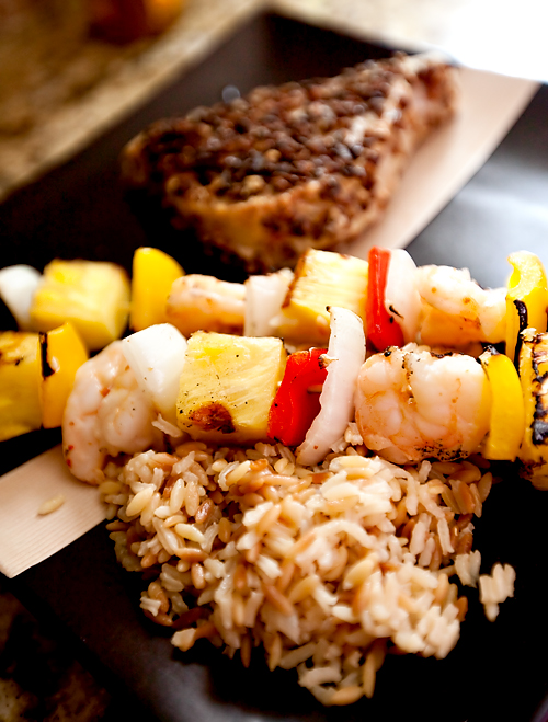 Shrimp Kabobs with pecan-crusted salmon