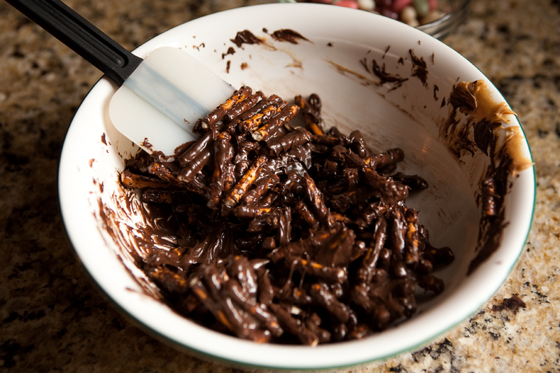 Chocolate dipped pretzels shaped like bird nests