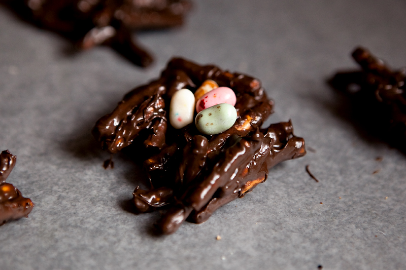 Chocolate dipped pretzels shaped like bird nests