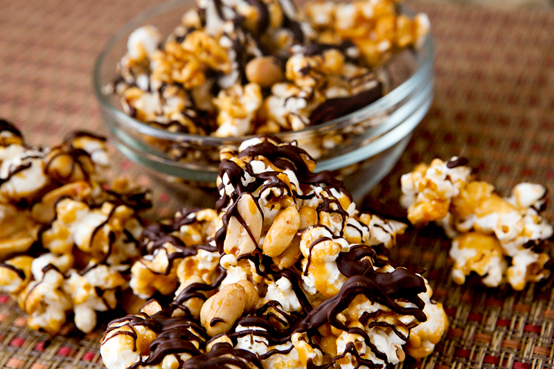 close up of chocolate caramel popcorn, homemade moose munch