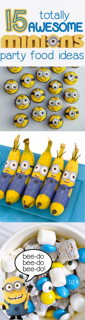 Awesome minions party food ideas! Minions cupcakes, minions bananas, minions munch snack mix, and even an easy minions cake out of a sheet cake! It's minion mania!