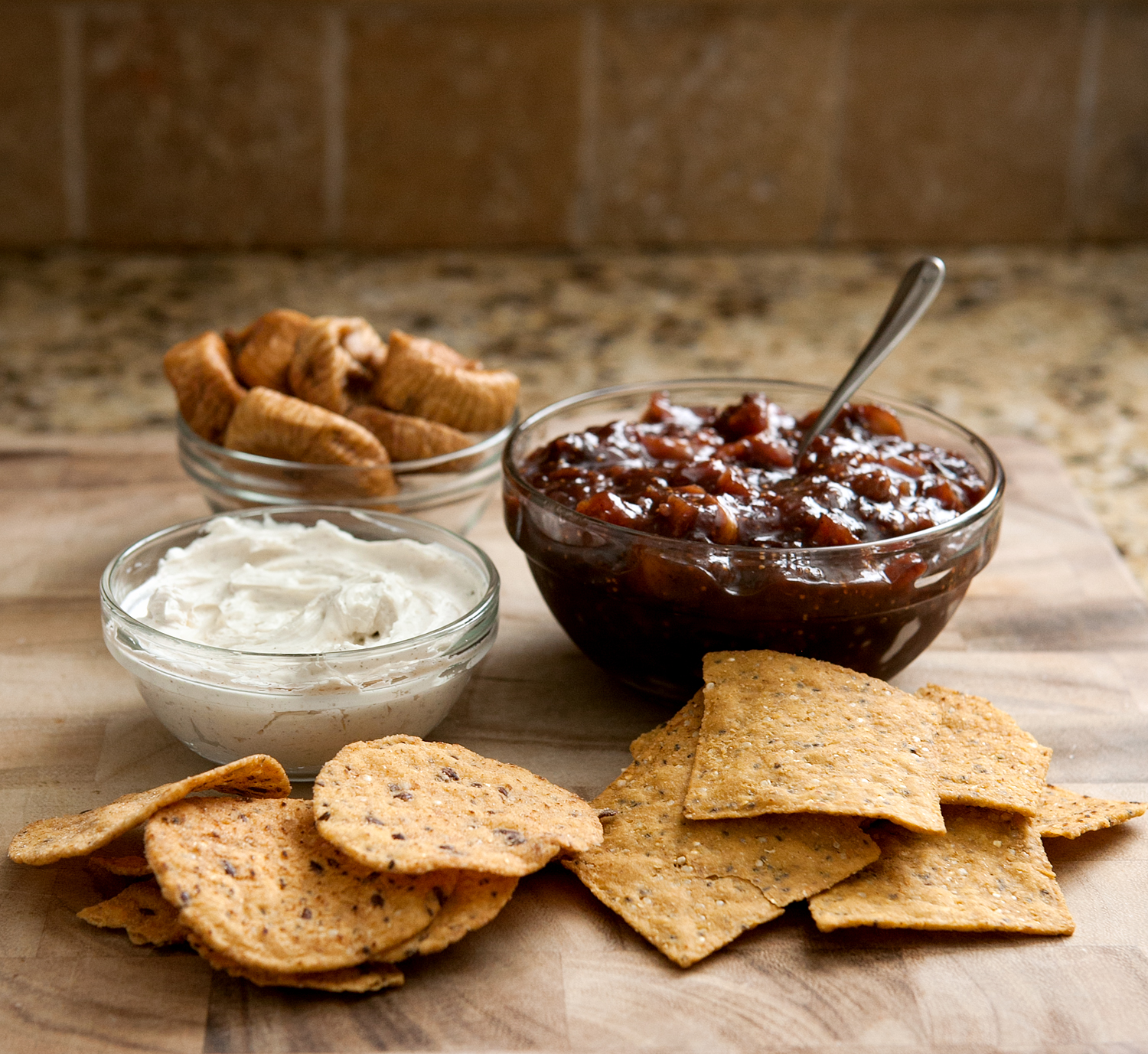 Fig and Plum Chutney with Cardamom whipped cream cheese - this chutney can be served as a dip over the cream cheese or used by itself as a condiment for your hams, turkeys, and chickens!