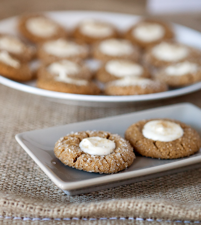Gingerbread thumbprint cookies with butter rum filling . I LOVE these - so chewy and delicious for the holidays!