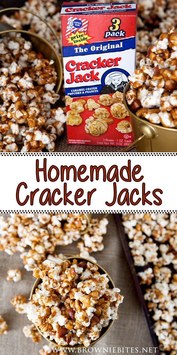 two photos of homemade cracker jacks alongside the packaging of the original product is shown on each side of text showing the title of the recipe.