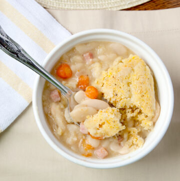 Ham and Bean Stew Cassoulet with Cornmeal Dumplings. This is so easy to make, yields a TON of food, and is SO SO SO GOOD!