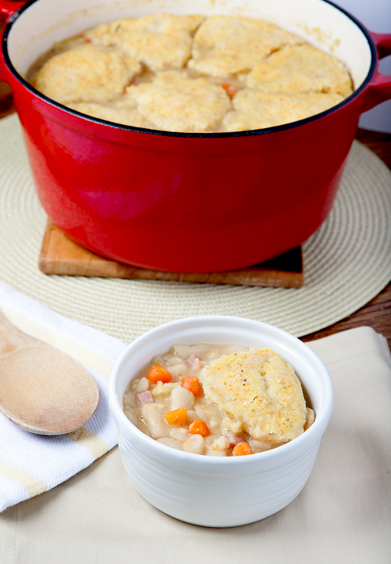 Ham and Bean Stew Cassoulet with Cornmeal Dumplings. This is so easy to make, yields a TON of food, and is SO SO SO GOOD!