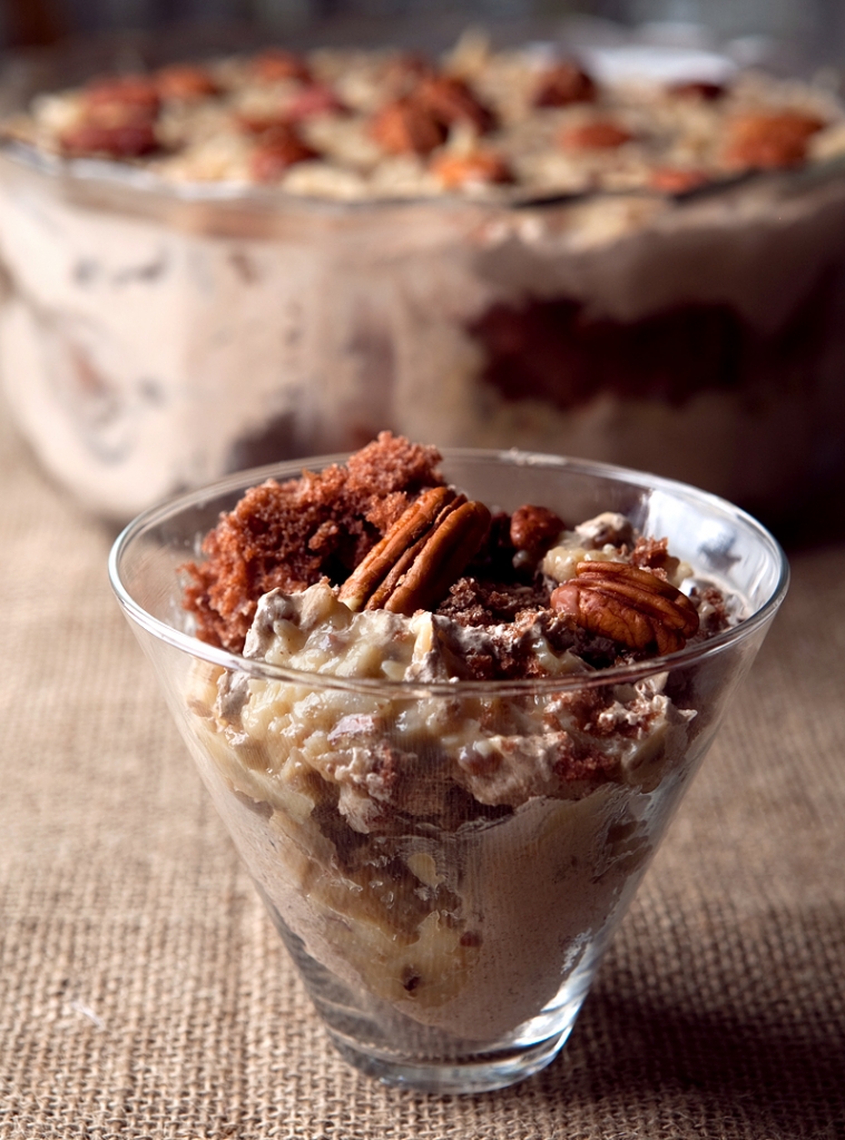 German Chocolate Cake Trifle - one of my favorite semi-homemade desserts using a cake mix combined with scratch made German chocolate mousse and coconut pecan filling.