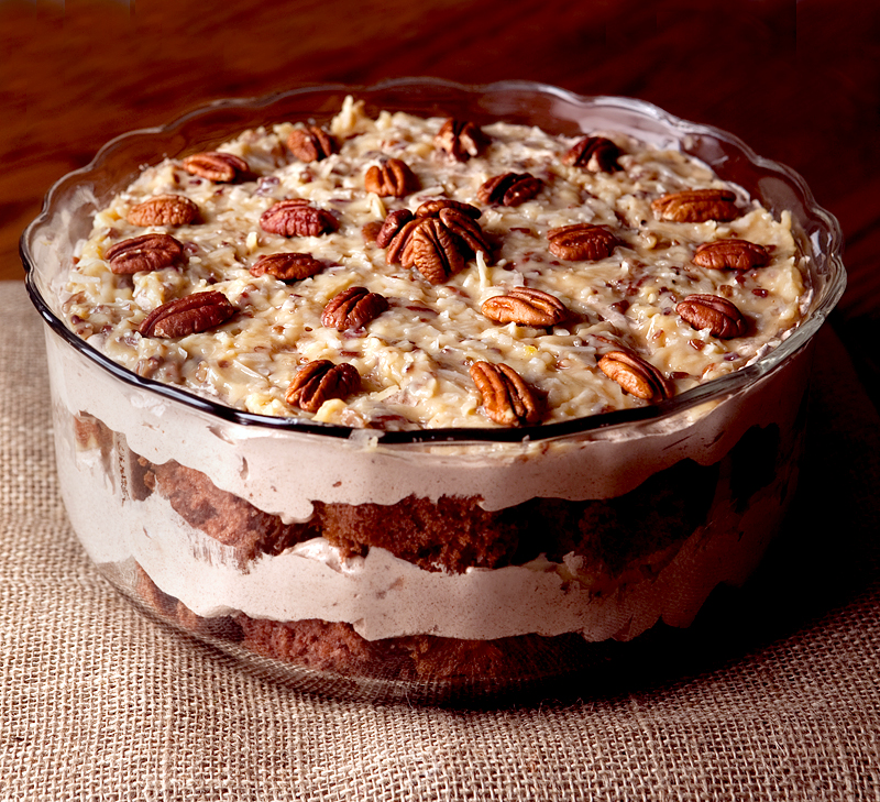 German Chocolate Cake Trifle - one of my favorite semi-homemade desserts using a cake mix combined with scratch made German chocolate mousse and coconut pecan filling.