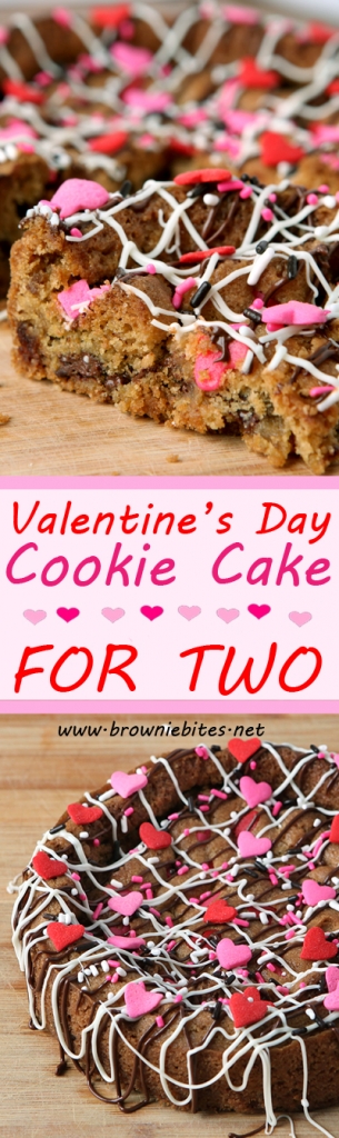 A perfectly-sized 6 inch chocolate chip cookie cake recipe for two for Valentine's Day!