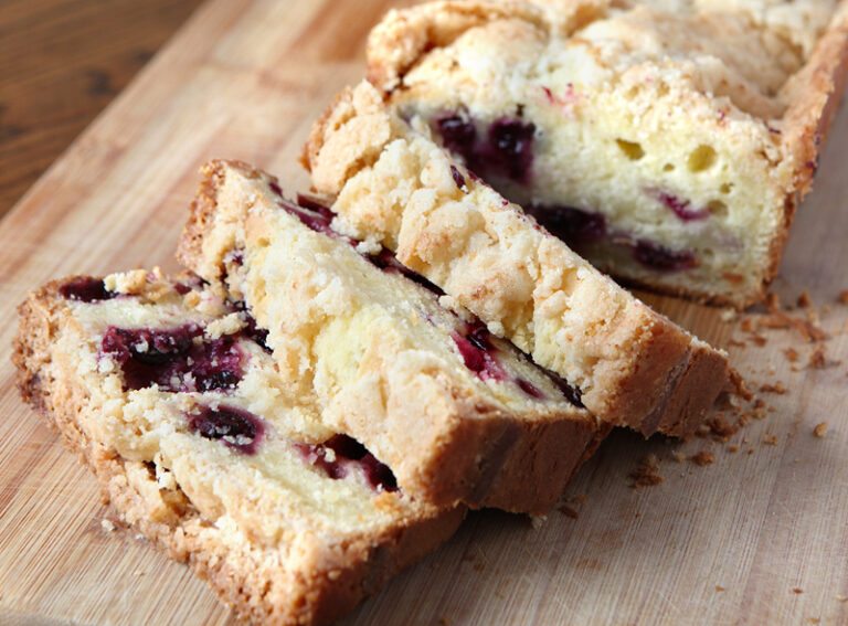 Blueberry lemon bread with a sweet crunchy crumble topping. Have it for a treat with a cup of coffee or tea or serve with breakfast. Freezer friendly - freeze individual slices wrapped in cling wrap and thaw on the counter!