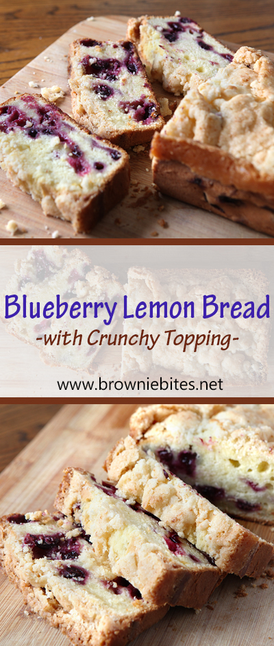 Blueberry lemon bread with a sweet crunchy crumble topping.  Have it for a treat with a cup of coffee or tea or serve with breakfast.  Freezer friendly - freeze individual slices wrapped in cling wrap and thaw on the counter!