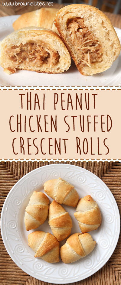 Perfect party food idea or appetizer! Crescent rolls stuffed with shredded chicken mixed with a homemade Thai peanut sauce.