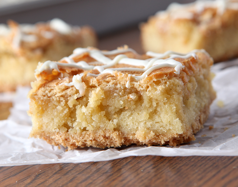 A straight on close-up of layered vanilla bars so you can see the deliciousness contained within.