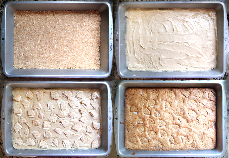 A grid of 4 photos showing each layer of the vanilla bars: a vanilla cookie crust, vanilla cookie or blondie layer, vanilla sandwich cookie chunks, and the final photo showing the layers baked together.