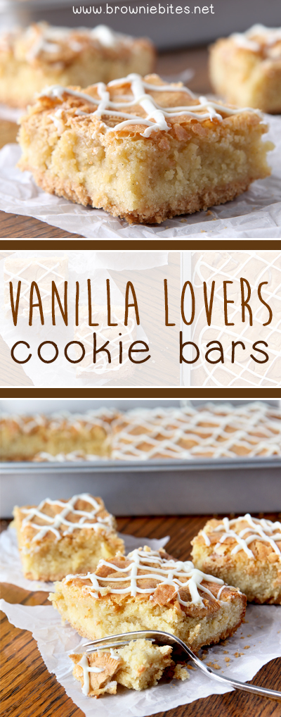 A Pinterest ready image with text stating the recipe title and two photos of the finished vanilla bars.