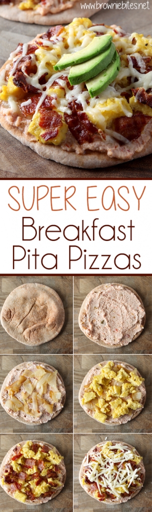 Easy Breakfast Pita Pizzas using whole wheat pitas, eggs, bacon, cheese, onion, and a "pizza sauce" using ricotta cheese and salsa, YUM!