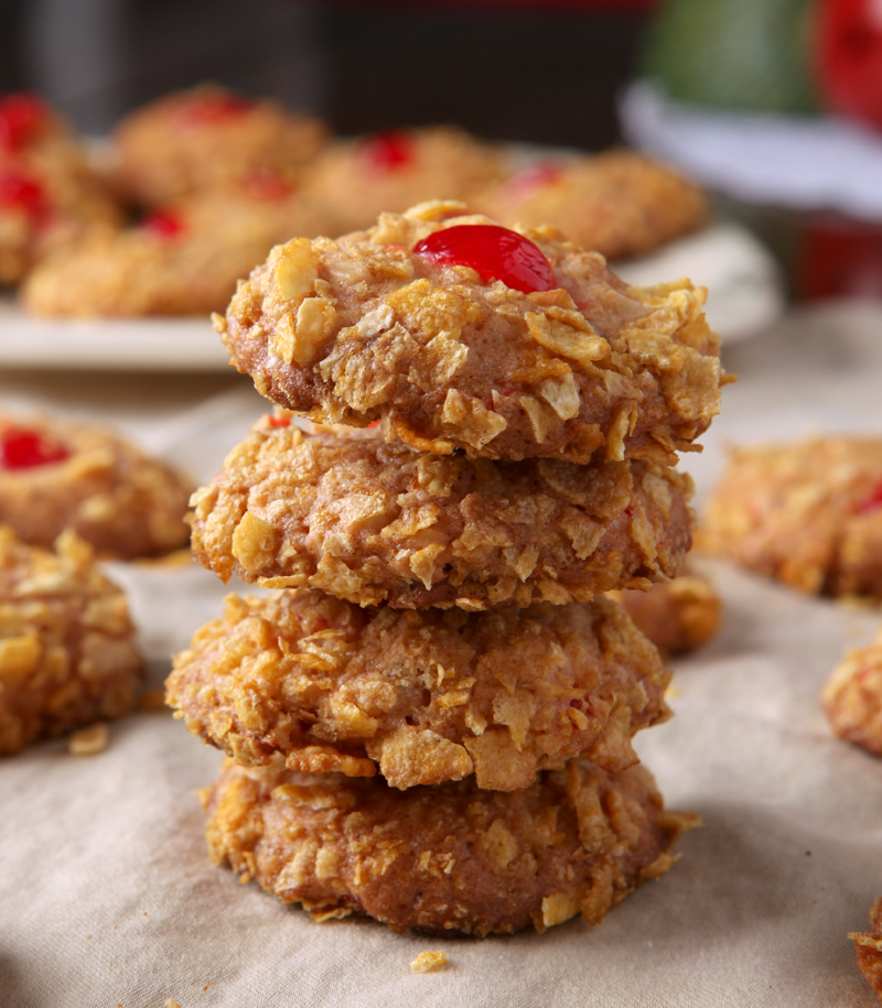Old Fashioned Cherry Winks cookies rolled in crushed Corn Flakes!  There's something so cozy about vintage recipes!