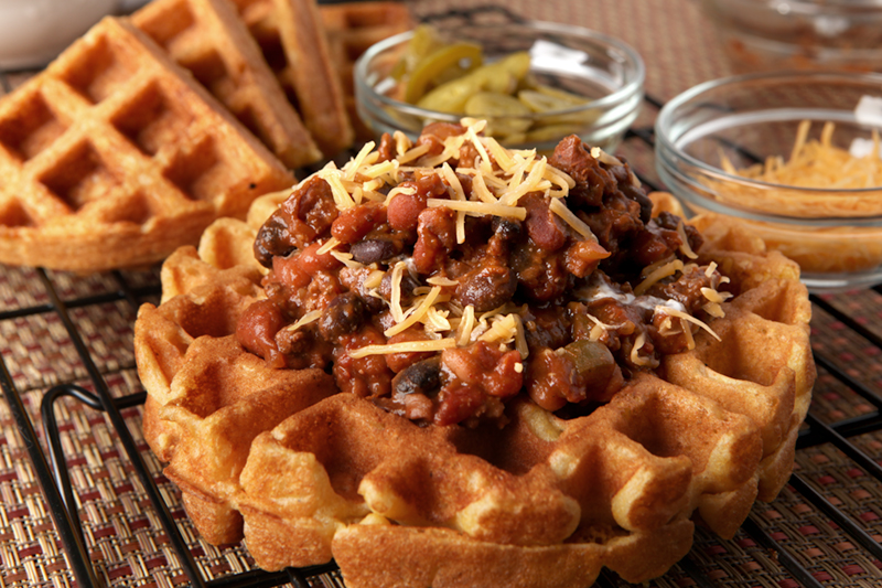 Cornbread Waffles with Three Bean Chili. Perfect cornmeal waffles loaded up with a thick, flavorful three bean and beef chili. Great unique dinner idea! 