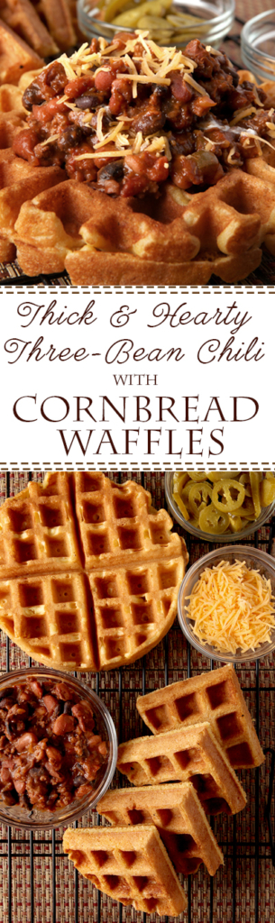 Cornbread Waffles with Three Bean Chili. Perfect cornmeal waffles loaded up with a thick, flavorful three bean and beef chili. Great unique dinner idea! 