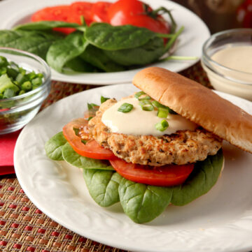 Turkey burgers don't have to be boring! These are loaded with flavors like orange juice and soy and are spread with a low calorie Greek yogurt aioli.