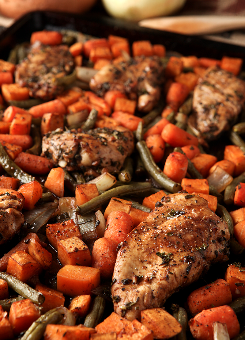 Sheet pan dinner idea - balsamic herb chicken and vegetables with fresh green beans, sweet potatoes, carrots, and onions