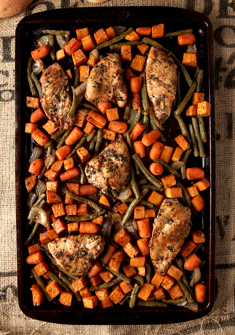 Sheet pan dinner idea - balsamic herb chicken and vegetables with fresh green beans, sweet potatoes, carrots, and onions