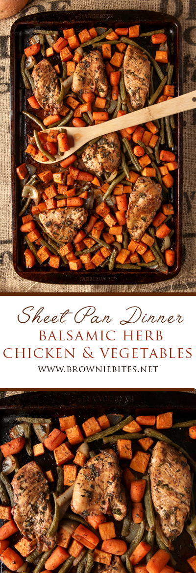 Sheet pan dinner idea - balsamic herb chicken and vegetables with fresh green beans, sweet potatoes, carrots, and onions