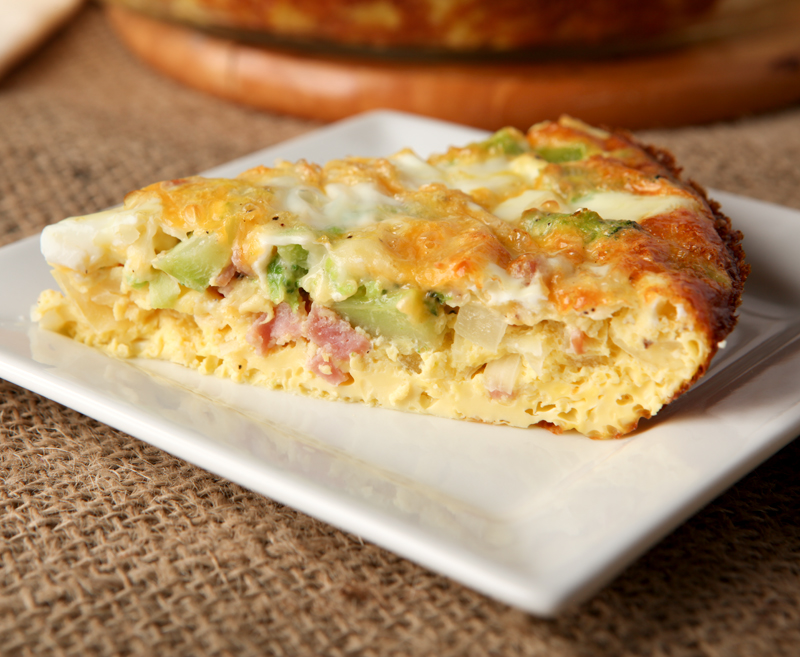 Low carb breakfast idea - crustless broccoli, ham, and cheese quiche. Full of flavor!