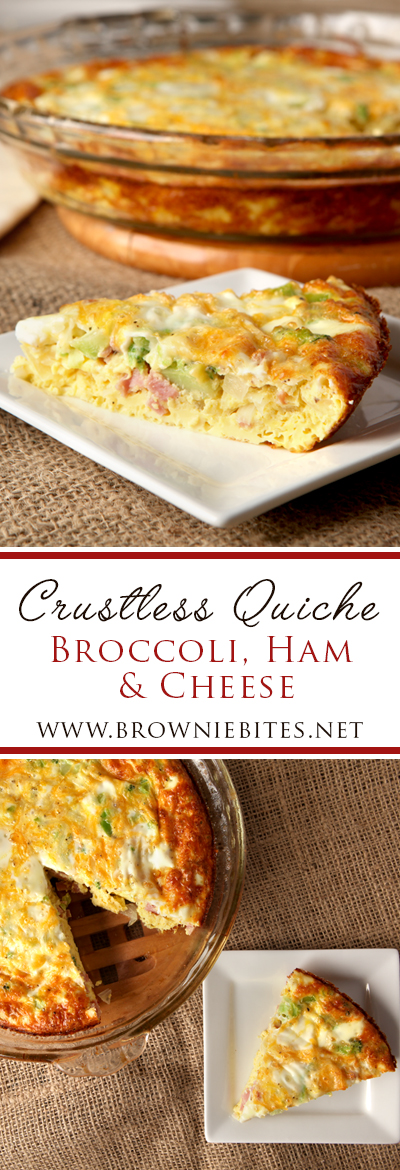 Low carb breakfast idea - crustless broccoli, ham, and cheese quiche. Full of flavor!