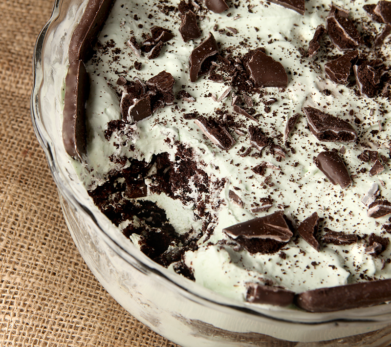 Dark Chocolate Mint Trifle - A homemade white chocolate mint mousse is layered with dark chocolate cake and chocolate mint cookies - one of my favorite easy trifles.
