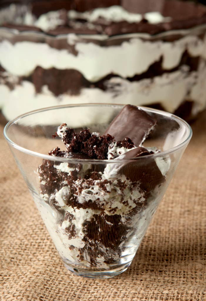 Dark Chocolate Mint Trifle - A homemade white chocolate mint mousse is layered with dark chocolate cake and chocolate mint cookies - one of my favorite easy trifles.