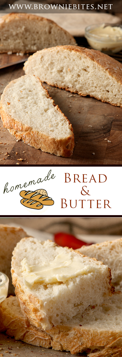 An easy no knead homemade bread with a crunchy crust and creamy homemade butter!