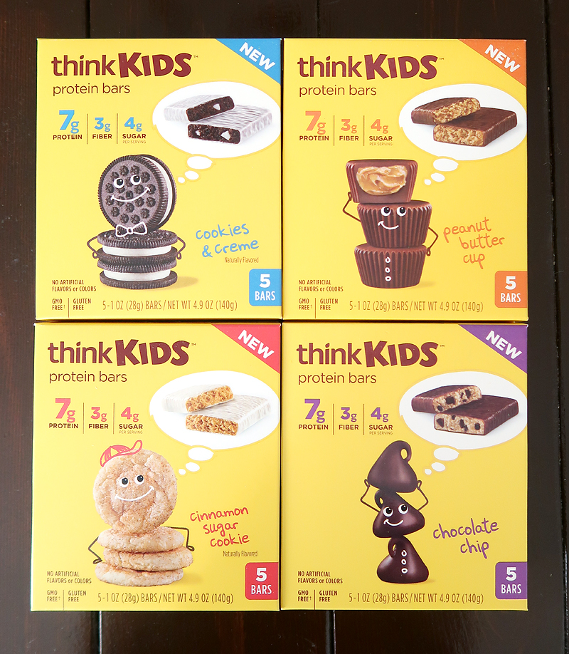 thinkKIDS protein bars come in 4 flavors - cookies and creme, peanut butter cup, cinnamon sugar cookie, and chocolate chip