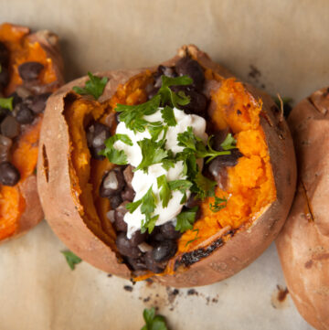 An easy and nutritious dinner idea - black bean stuffed sweet potatoes with onions and lots of flavor.