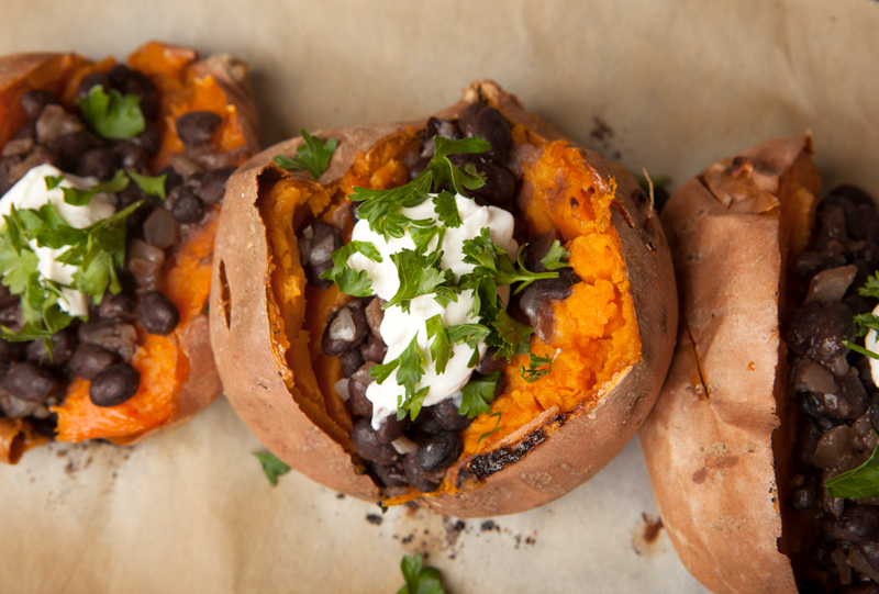 An easy and nutritious dinner idea - black bean stuffed sweet potatoes with onions and lots of flavor.