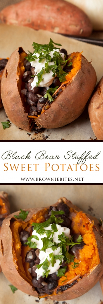 An easy and nutritious dinner idea - black bean stuffed sweet potatoes with onions and lots of flavor.