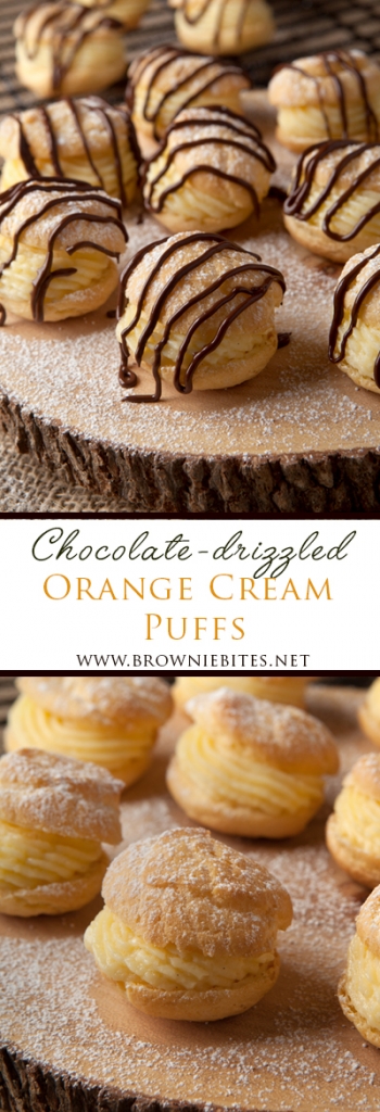 A simple pate a choux dough cream puff recipe filled with a light orange pastry cream and drizzled with chocolate. 