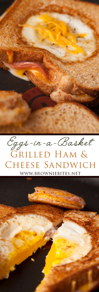 Easy dinner or breakfast idea - eggs in a basket grilled ham and cheese sandwiches. Filling, loaded with protein, and you can use fun cookie cutters for the kids!