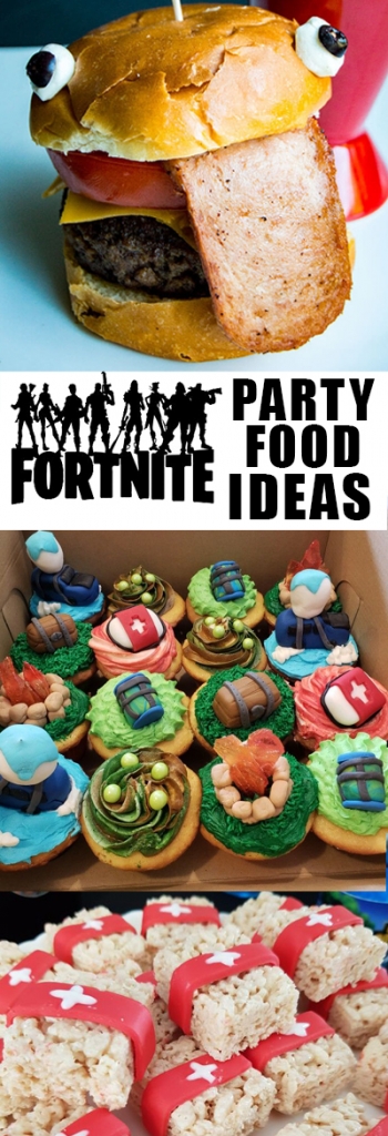 Fortnite party food ideas! Want to get some ideas for some treats to serve at a Fortnite birthday party? This is the list for you! Fortnite burgers, Fortnite med packs, Fortnite cupcakes, Fortnite cookies, Fortnite supply drops, and more!