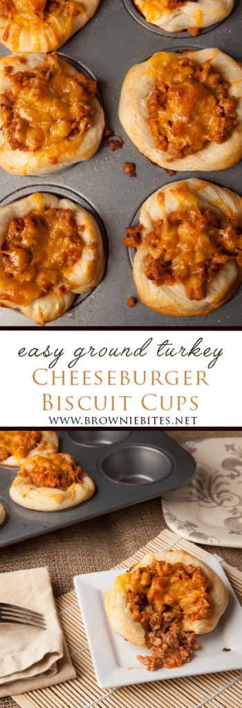 Easy Dinner Idea! Ground Turkey Cheeseburger Biscuit Cups. I used grount turkey and low-fat cheese to lighten it up, and used organic canned biscuits to make them healthier! Yum!