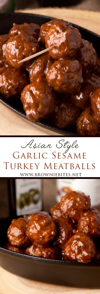 Easy shortcut Asian style garlic sesame turkey meatballs that are out of this world!  The sauce is just the right mix of tangy and peanut buttery.  Double or triple the recipe to feed a crowd!