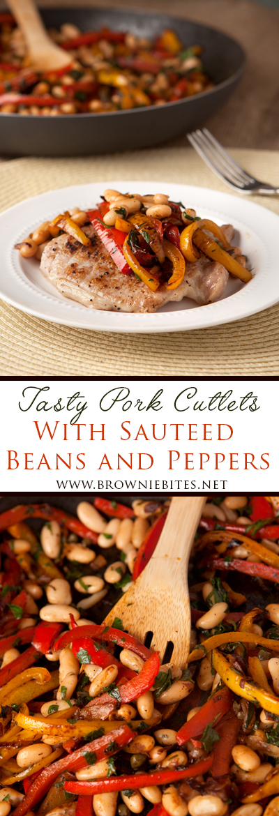 These pork cutlets with sauteed bell peppers and white beans and an easy dinner idea! Low carb and incredibly simple.